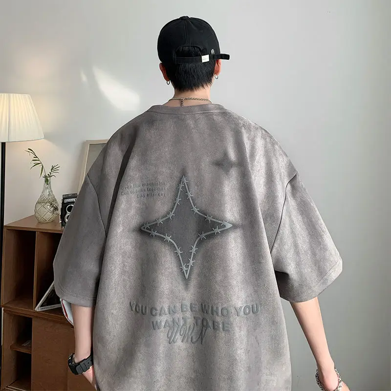 

American retro star pattern t-shirt for men and women summer high street loose 2023 new loose couple wear college style ins top