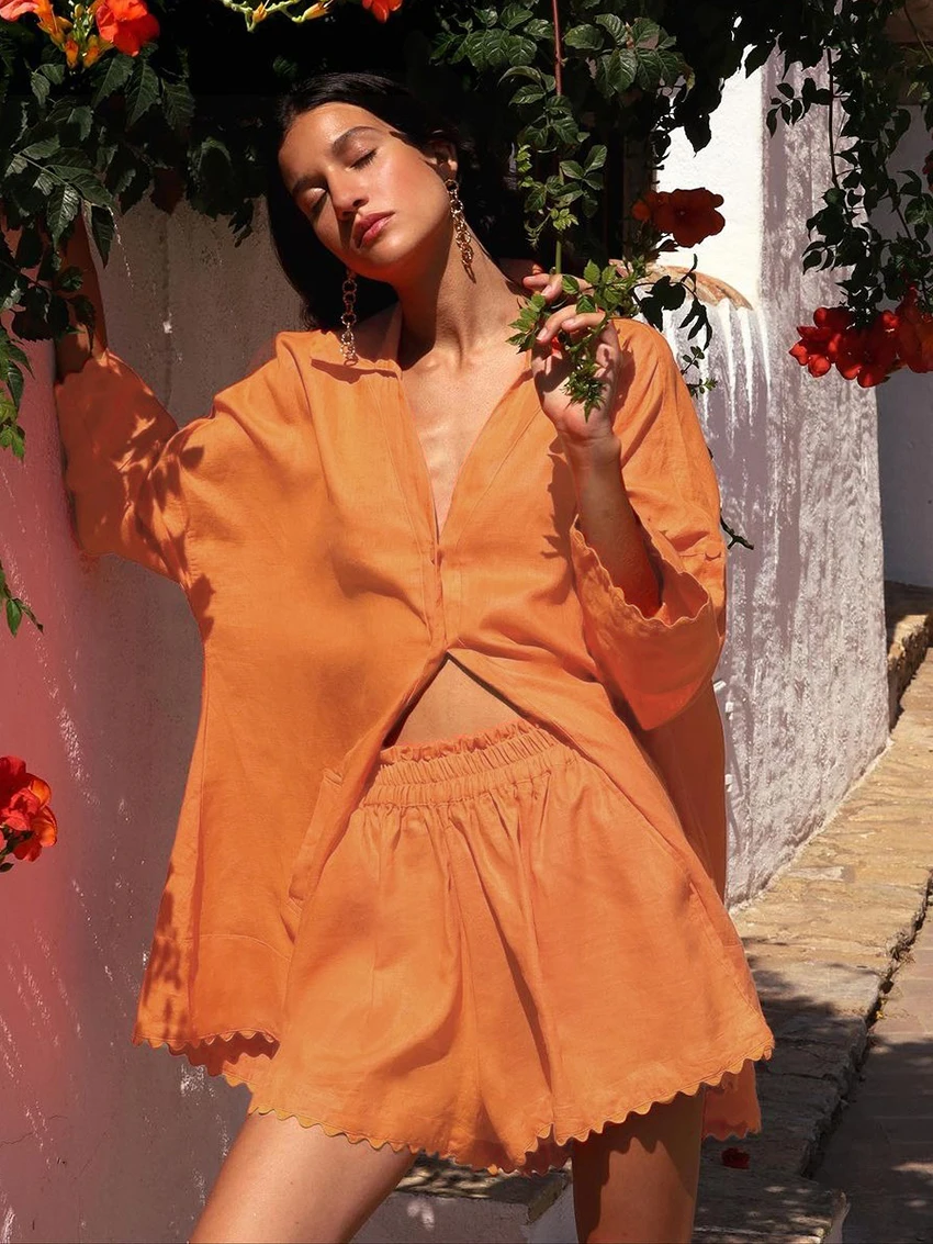 Marthaqiqi Causal Women'S Pajamas 2 Piece Set Turn-Down Collar Sleepwear Long Sleeve Nightgowns Shorts Cotton Ladies Pijama Suit