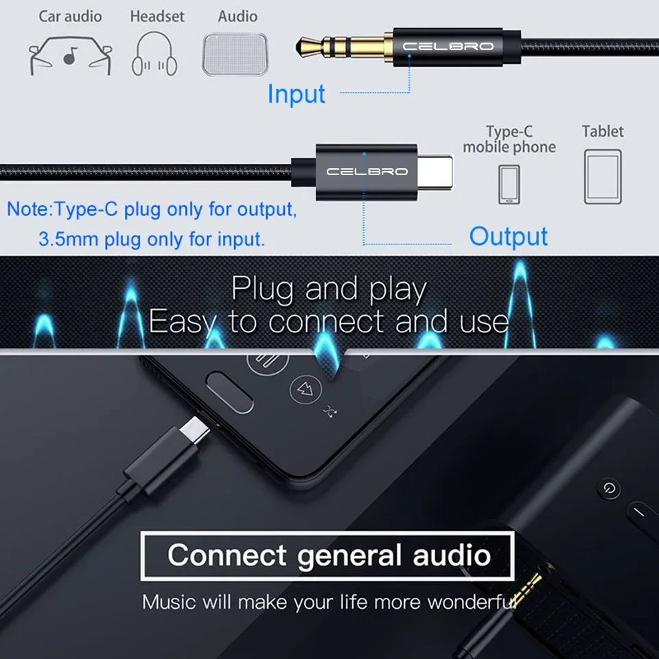Universal USB Type-C to 3.5mm Audio Adapter Cable for Headphones and Speakers