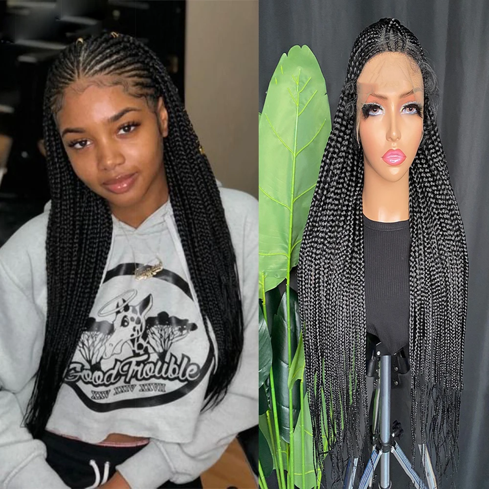 

32 inches Natural Black Full Lace Wig Braided Wigs Braid African With Baby Hair Braids Wigs Full Lace Braided Wigs Free Part