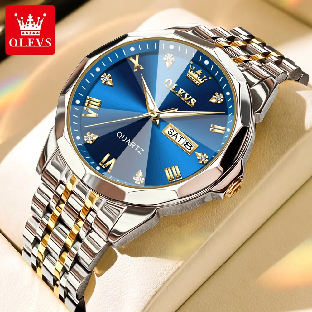 OLEVS Men's Rhombus Mirror Quartz Watch - Waterproof, Luminous Stainless Steel Wristwatch with Date and Week Display