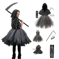 Halloween Death Costume Girl Black Mesh Fluffed Dress with Cape Mysterious Horror Death Scythe Role Playing Clothing