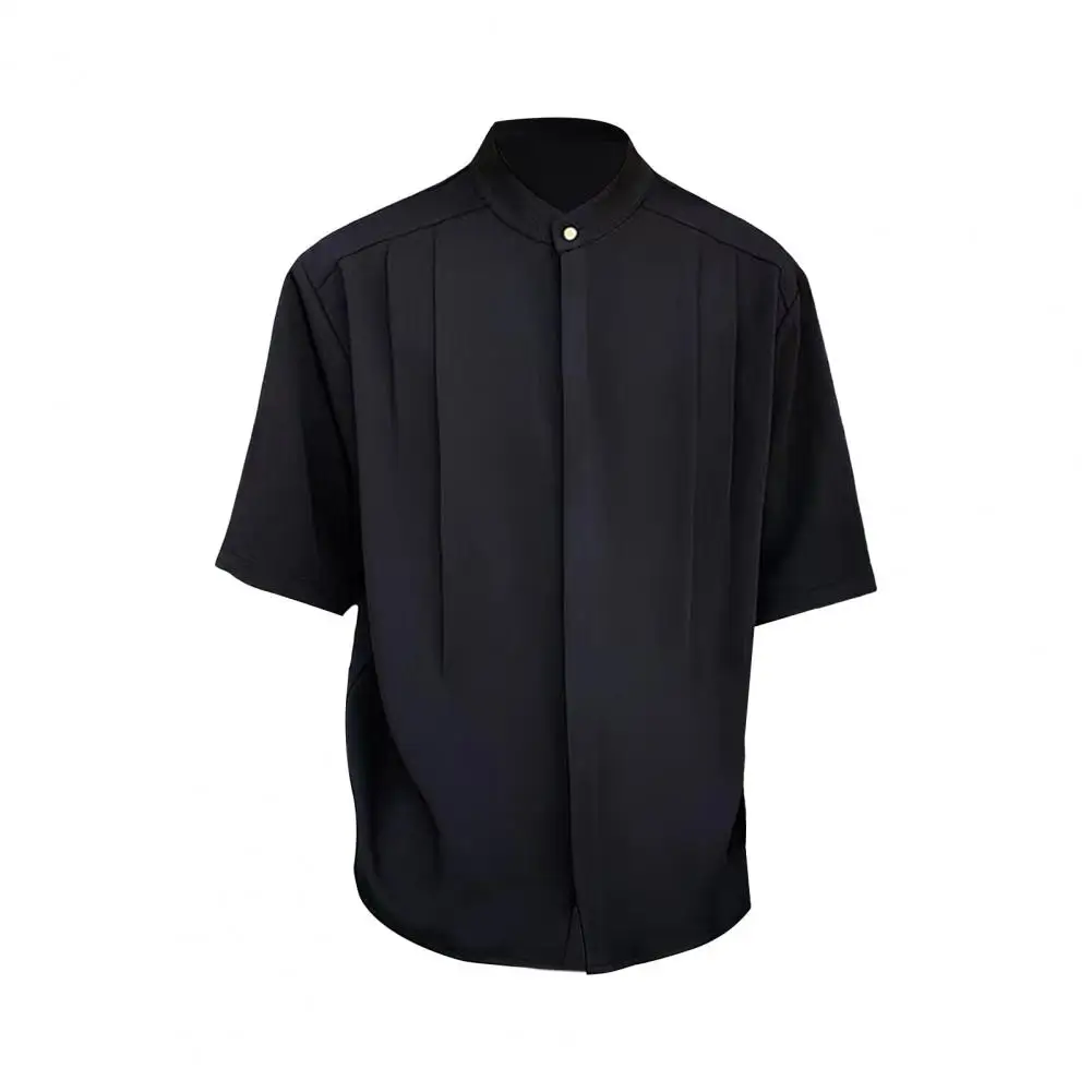 Men Top Soft Texture Stylish Stand Collar Ice Silk Cardigan Summer Office Wear Pleated Loose Fit Half Sleeves Casual