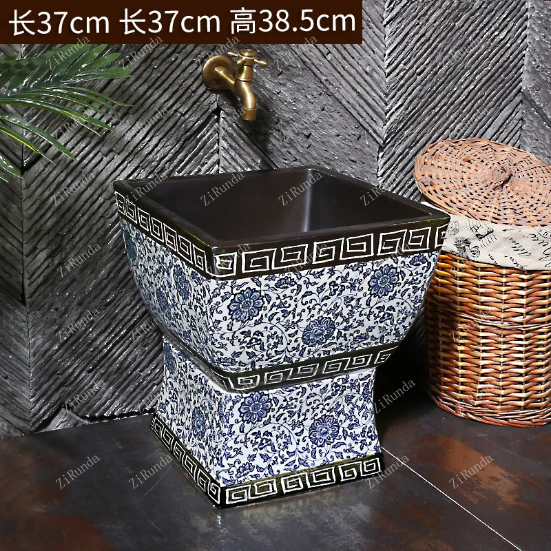 ~Blue and White Porcelain Art Mop Pool Ceramic Mop Sink Balcony Bathroom Geobasin Chinese Style Pool