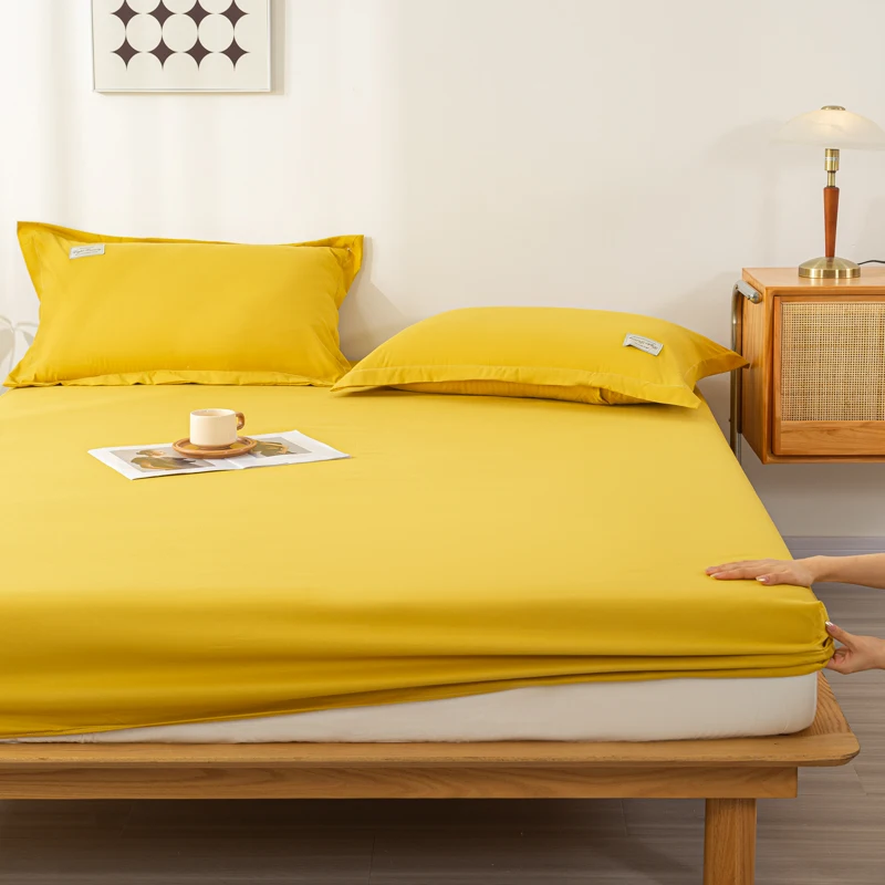 Yellow Fitted Sheet 3pcs Protective Mattress Cover Non-Slip Bedspreads Solid Bed Fitted Sheets with 2 Pillowcases Bedroom Decor 5