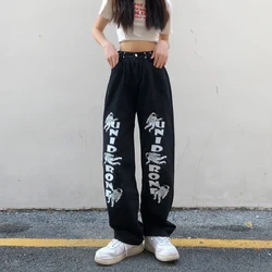 Calças de brim femininas e masculinas modelos astronauta carta impressão urbana streetwear solto calças casuais ajustável calças de cintura alta