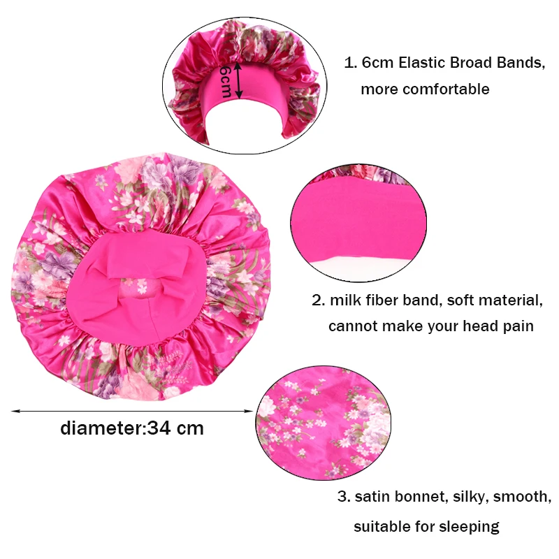2Pcs Large Print Satin Bonnet with Stretchy Headwrap for Curly Hair Women Hair Cover Wrap Cap Silk Scarf Sleep Hat