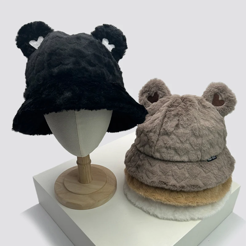 

Autumn and Winter New Women Men Cute Little Bear Ears Cartoon Plush Bucket Hats Comfortable Versatile Fashion Soft Warm Solar