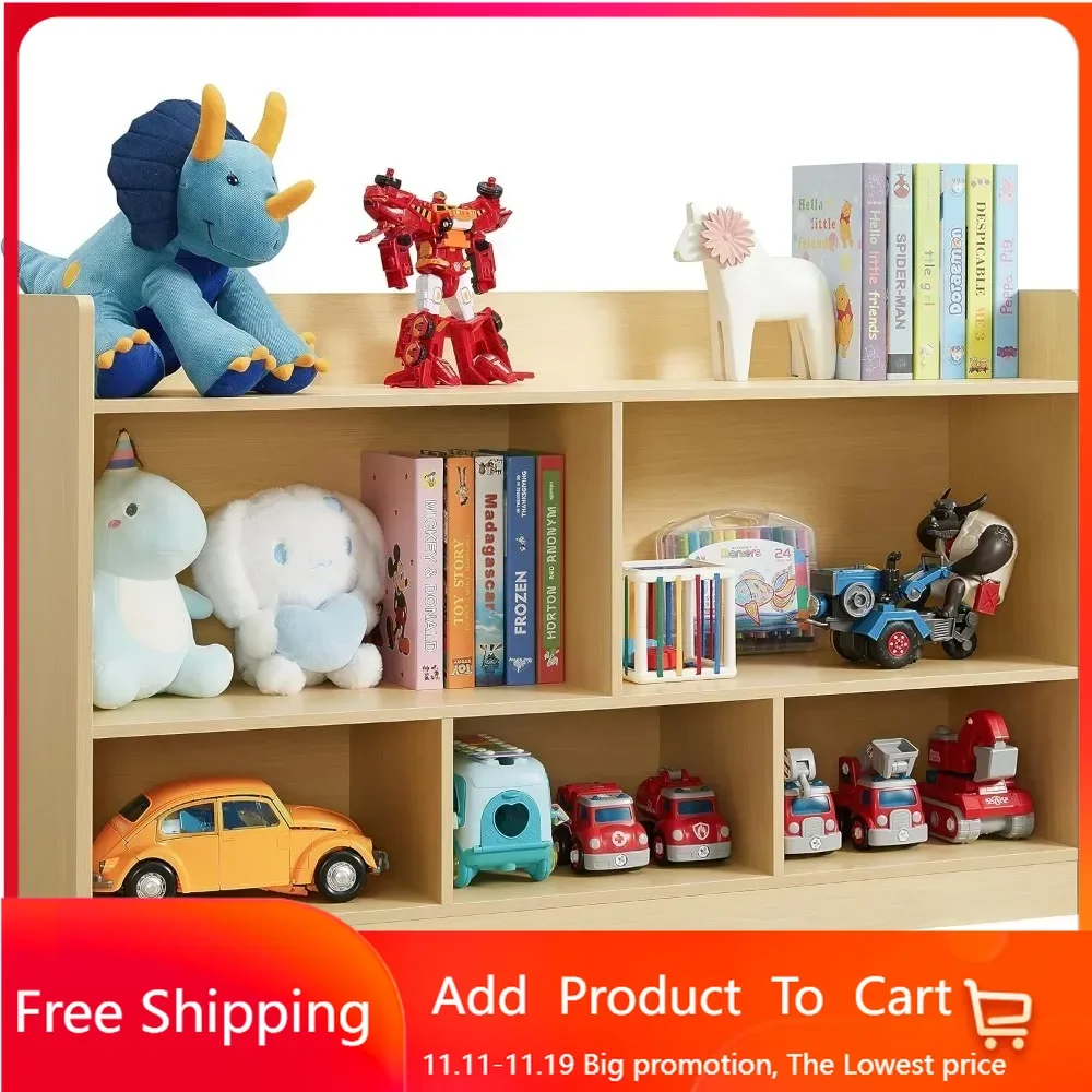 Kids Toy Storage Organizer, 5-Section Bookshelf for Organizing Books Toys, Wooden Storage Cabinet Daycare Furniture