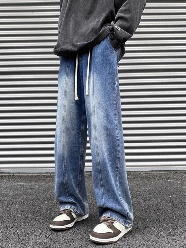 Autumn Winter New Vintage Loose Casual Wide Leg Jeans Male Drawstring Elastic Waist All-match Denim Pants Hombre Men's Clothing