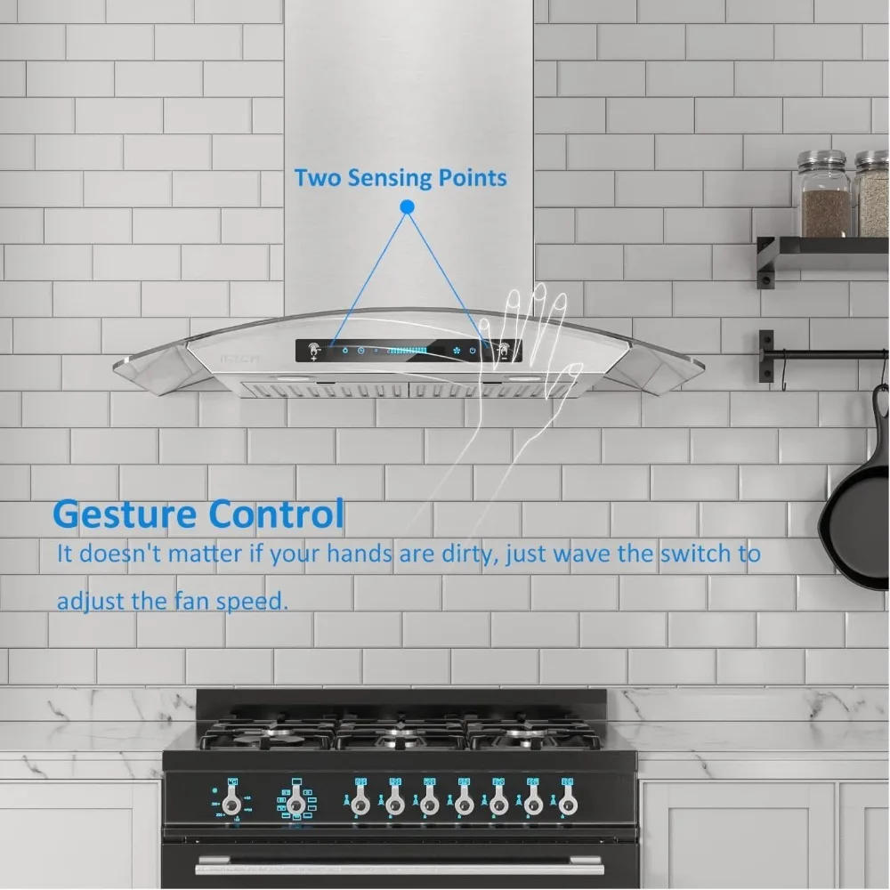 Wall Mount Range Hood Tempered Glass 900 CFM, Kitchen Chimney Vent Stainless Steel with Gesture Sensing