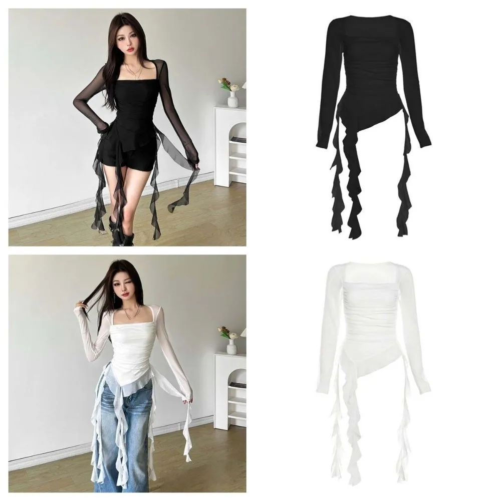 Streetwear Jellyfish Mesh Belt T-Shirt Elf Long Sleeve Pleated Collar Slim Fit Crop Tops Transparent Irregular