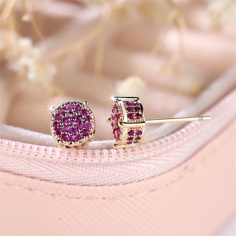 Luxury Female Red Stone Stud Earrings Gold Color Zircon Stone Jewelry For Women Charm Crystal Wedding Earring