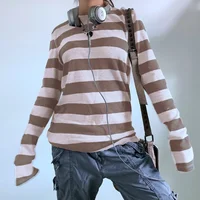 T-shirt baggy à manches longues pour femmes et adolescentes, t-shirts bébé rayés, streetwear vintage, nickel é, grunge, vêtements d'automne, Y2K 5