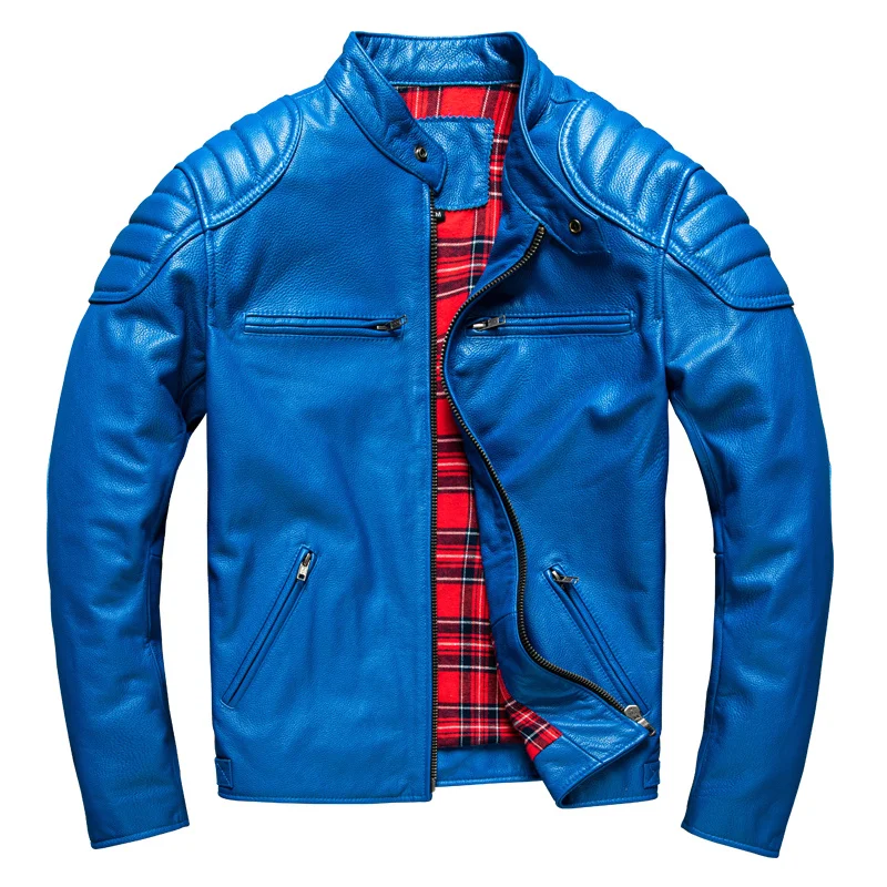 

Blue American Biker Style Genuine Leather Jacket Men Plus 5XL Size Real Cowhide Slim Fit Motorcycle Coat Fashion Young Cloth