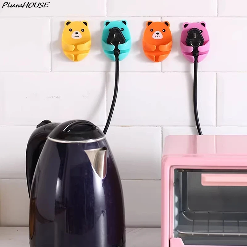 4Pcs Wall storage hook bear plug bracket punch-free power plug socket holder kitchen stealth hook wall adhesive hanger bathroom