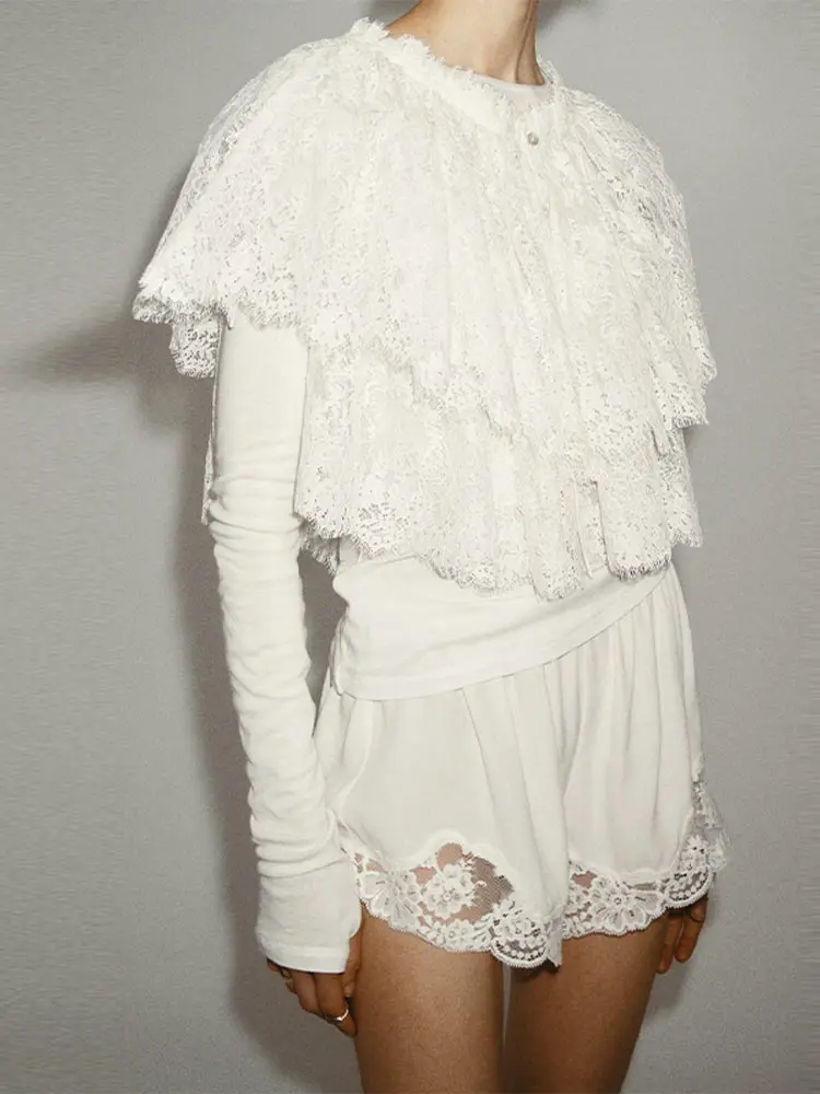 Women Elegant Lace Ruffle Crop Top Chic Mock Neck Short Sleeve Tops Layered Frill Cropped Blouse Casual Y2k Streetwear Clothing 5