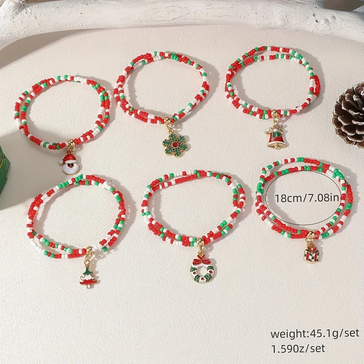 6-piece Fashionable Bohemian Style Handmade Christmas Bead Bracelet Set, Featuring Fashionable Christmas Trees, Bells, Snowflake