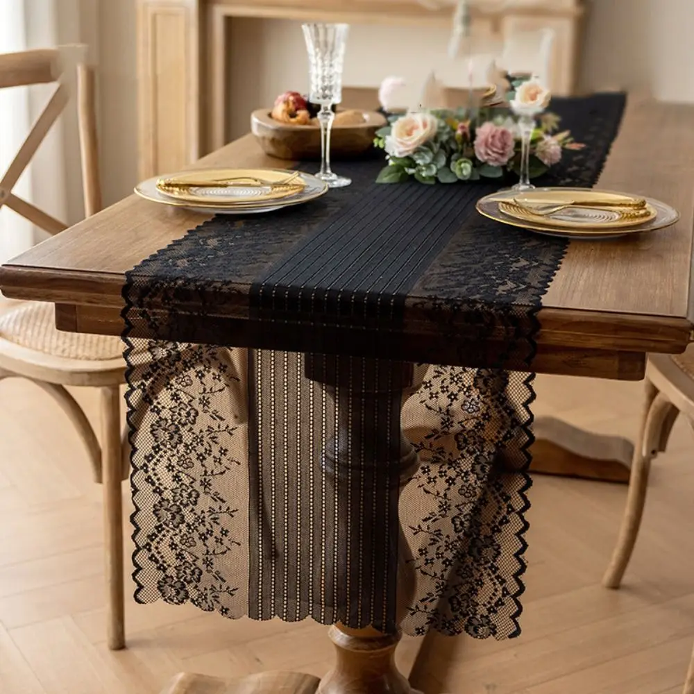 Hollowed Out Lace Jacquard Table Runner Semi-Sheer Floral Embroidered Table Doilies Reusable French Romantic
