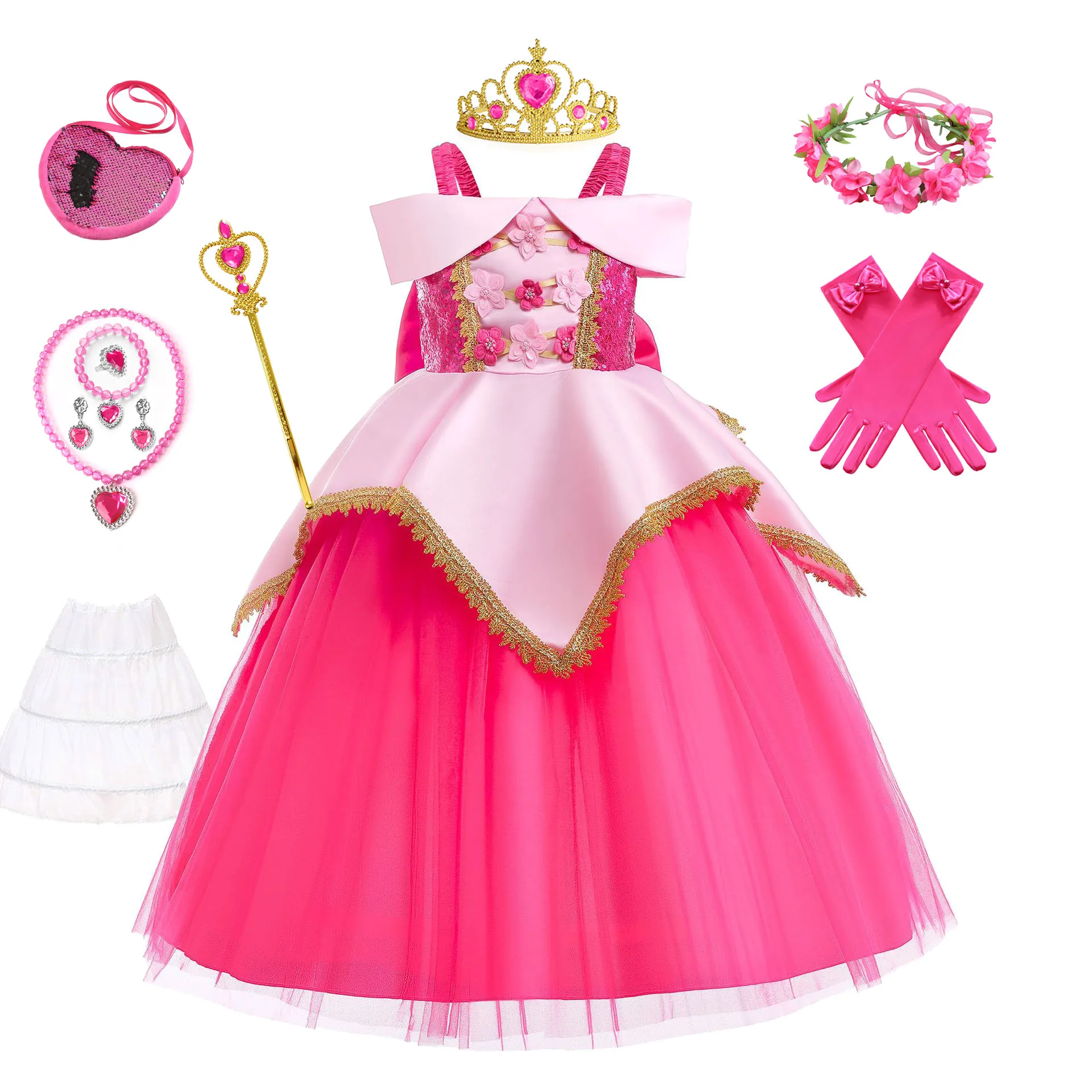 Ragazze Aurora Dress Halloween Cosplay Beauty Princess Pink Dresses Halloween Christmas Costume Party Birthday Dress Rosy