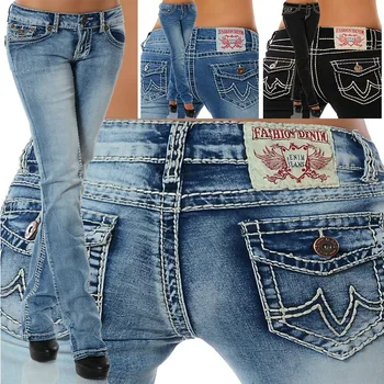 2026 Spring Summer Women's Embroidered Denim Jeans Pants High Waist Straight Trousers Slim Fit Bottoms
