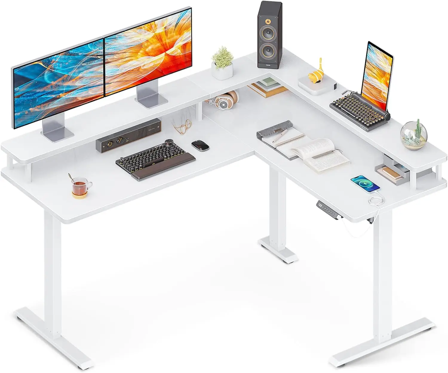 

L Shaped Electric Standing Desk, 59" x 48" Stand Up Corner Desk, Home Office Sit Stand Desk with White Top and White Frame