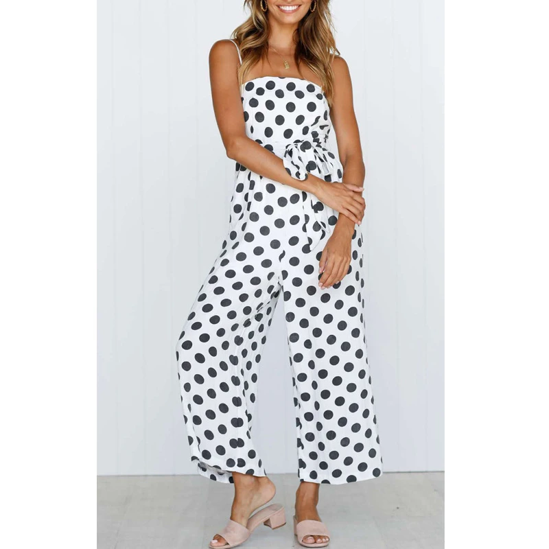 Sexy Backless Spaghetti Strap Polka Dot Print Wide Leg Jumpsuit Women 2022 Vacation Summer Fashion Casual Lace-up Beach Rompers