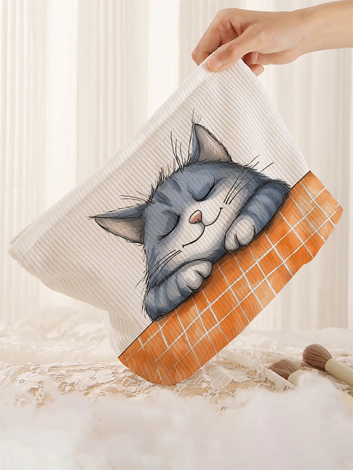 1 cartoon cat pattern corduroy makeup bag, lightweight zipper makeup storage box, multifunctional bag with lining