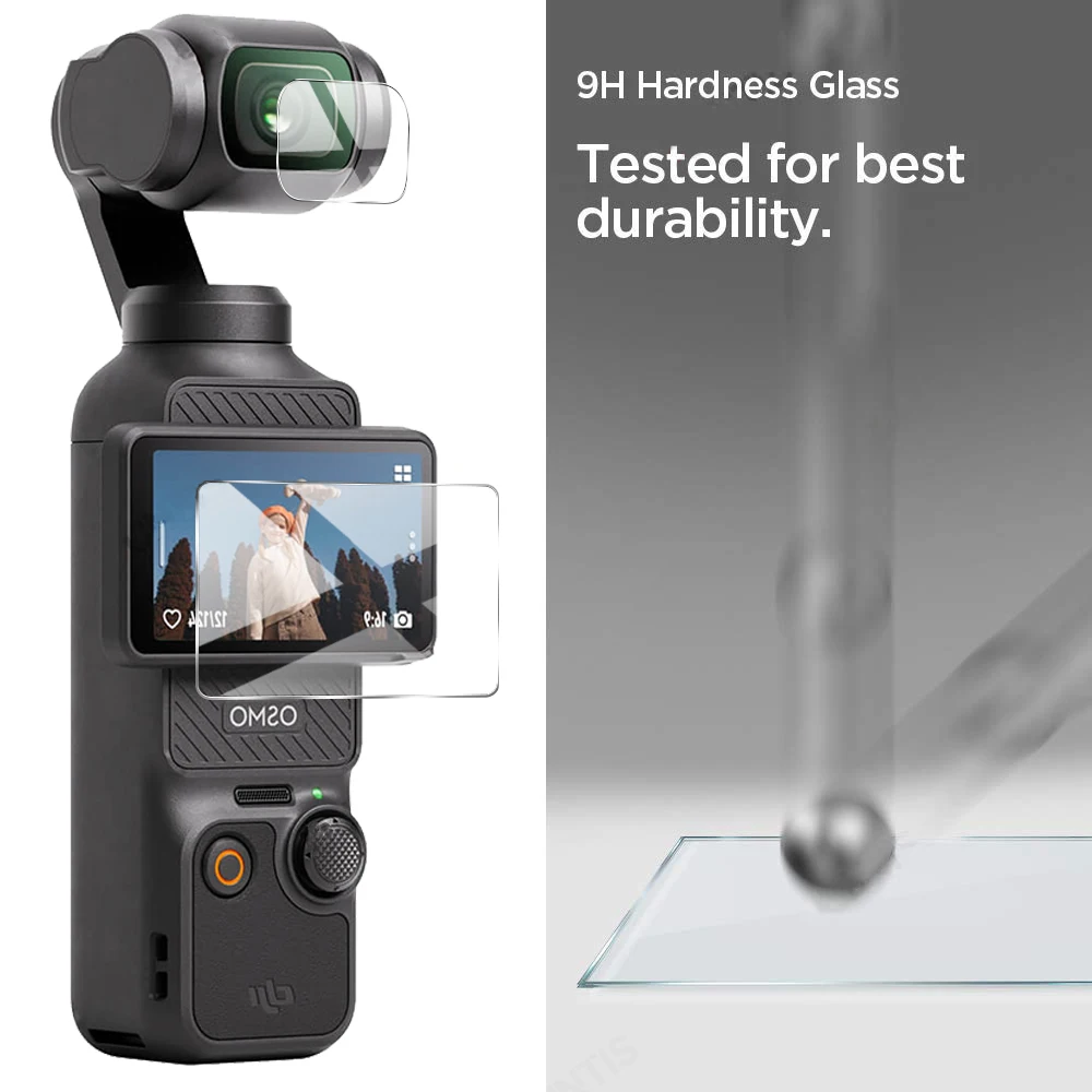 Objectif de DJI Osmo Pocket 3 protégé par un verre trempé, transparent et résistant aux rayures.