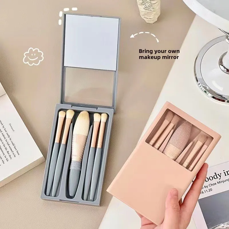 2024 New 5 pieces mirror box with skylight powder brush concealer blush super soft brush boxed mini portable makeup 4