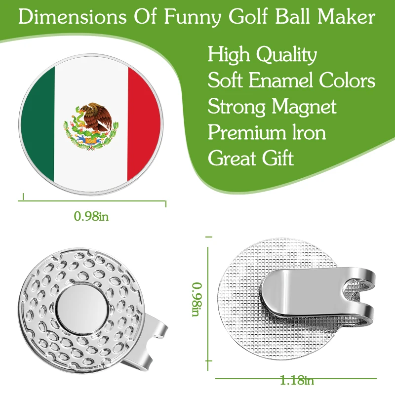 Golf ball mark Golf hat clip Golf Ball Magnetic Hat Clip Mexican Flag Color Metal Baseball Cap Clips Golf Supplies Ball Marker Clip Gifts for Husband Son