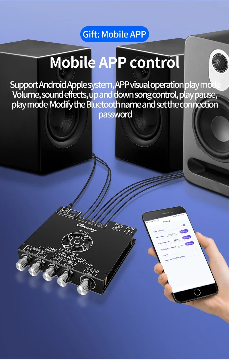 Description Picture 6 of itemYS-AS21 2*220W+350W 2.1 Channel BT Digital Power Amplifier Board TPA3251 AMP Subwoofer Treble Bass Tone Audio APP USB Function