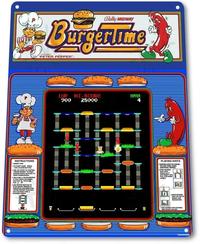 

Keviewly Burger Time Classic Midway Arcade Marquee Game Room Wall Decor - 8"X12" Tin Metal Sign