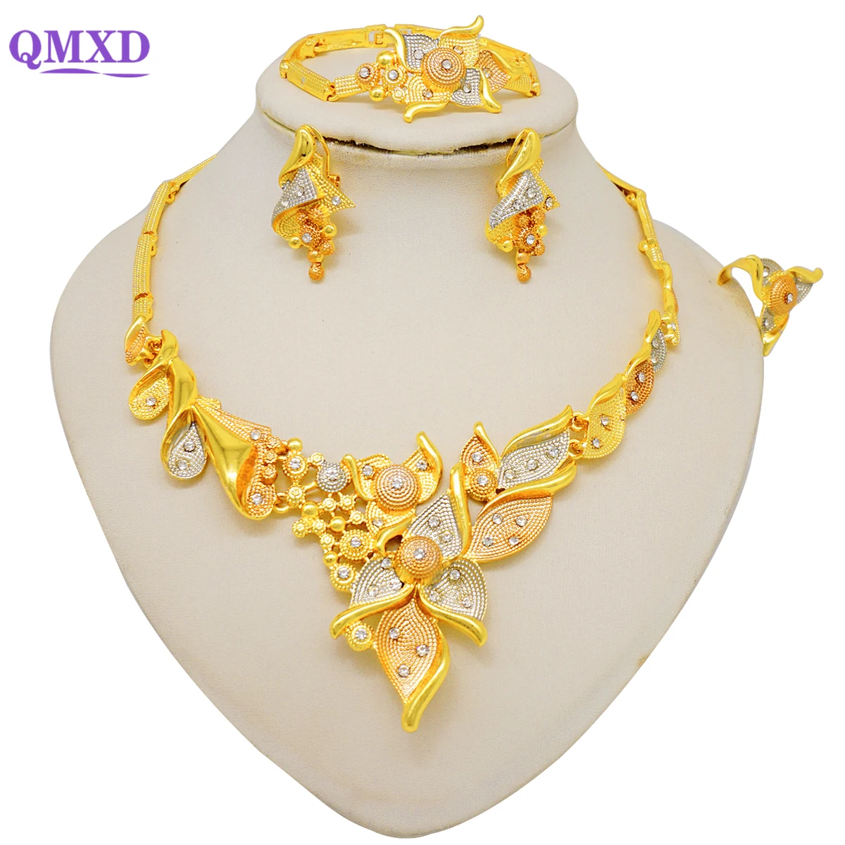 

Fashion Gold Color Flower Necklace Sets Duabi Ethiopian Jewelry Sets Wedding India Necklace Earrings Set For Women Bridal Gifts
