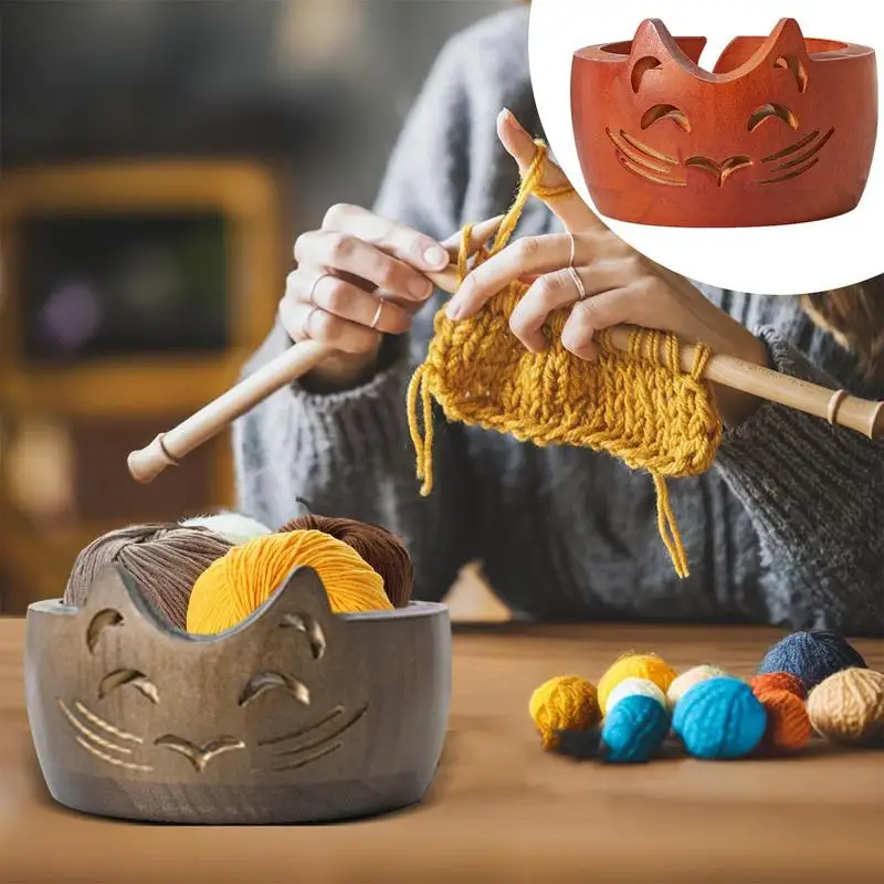

Wood Yarn Bowl Cat Creative Knitting Bowl Crochet Yarn Holder Multifunctional Handmade Storage Organizer For CrochetingAccessory