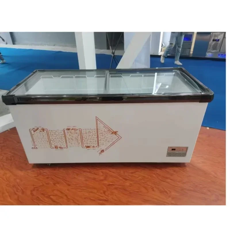 Glass Door Freezer Supermarket Chest Horizontal Deep Island Freezer Display Refrigerator