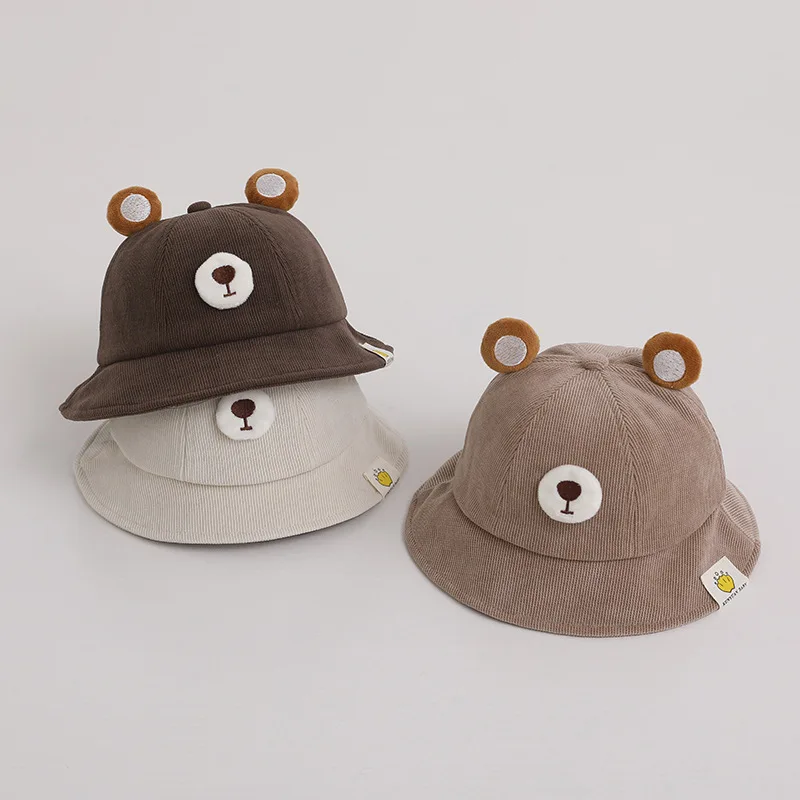 

Cartoon Bear Baby Winter Hat Corduroy Boys Girls Fisherman Hats Autumn Kids Panama Cap Infant Bucket Caps 2-4 Years Old