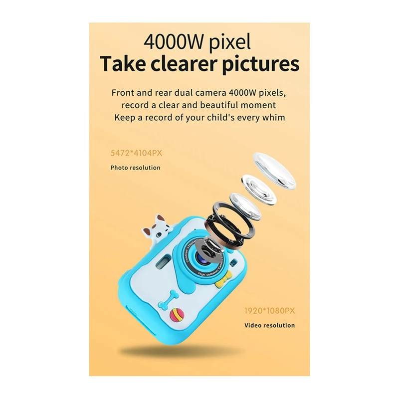 A8S HD Dual Lens 4000W Pixel 5472X4104PX Photo Resolution Without Memory Card Children's Camera,Brown Easy Install