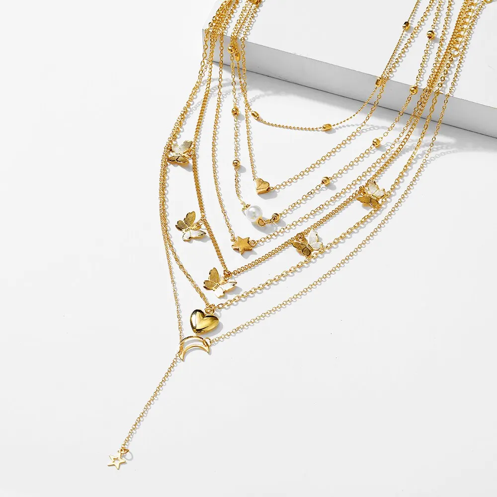 Fashion Necklace 6pcs Necklace European And American Simple Temperament Lovely Atmosphere Star Moon Popular Lady Necklace Set Women