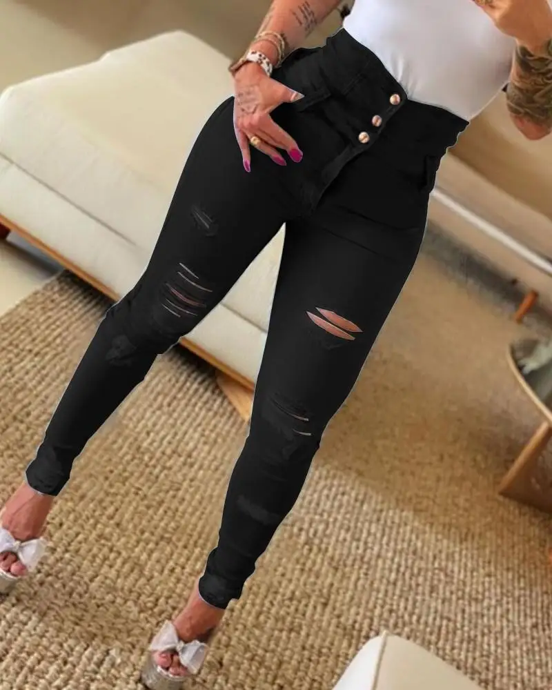 Women's Jeans 2023 Trend Autumn Fashion High Waist Buttoned Cutout Ripped Casual Skinny Plain Pocket Design Daily Long Jeans
