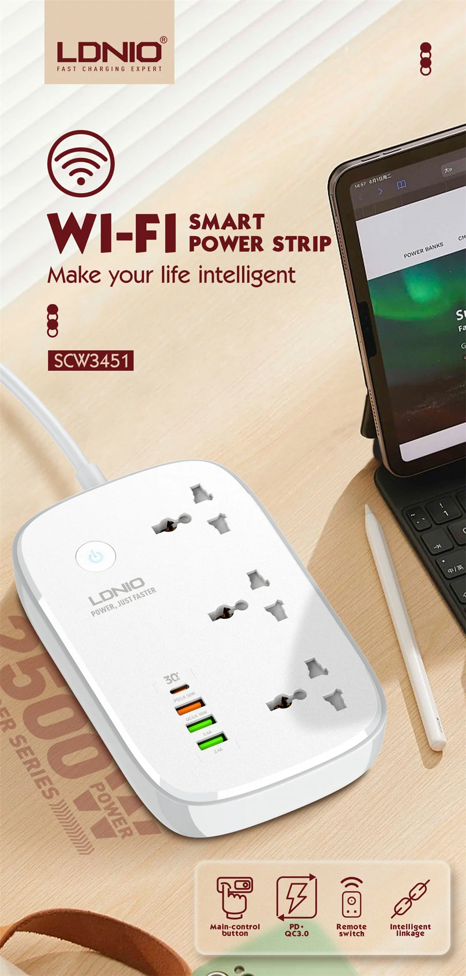 adaptador de soquete, suporte de extensão, aplicativo Tuya Smart Life, 2m, 3 saídas