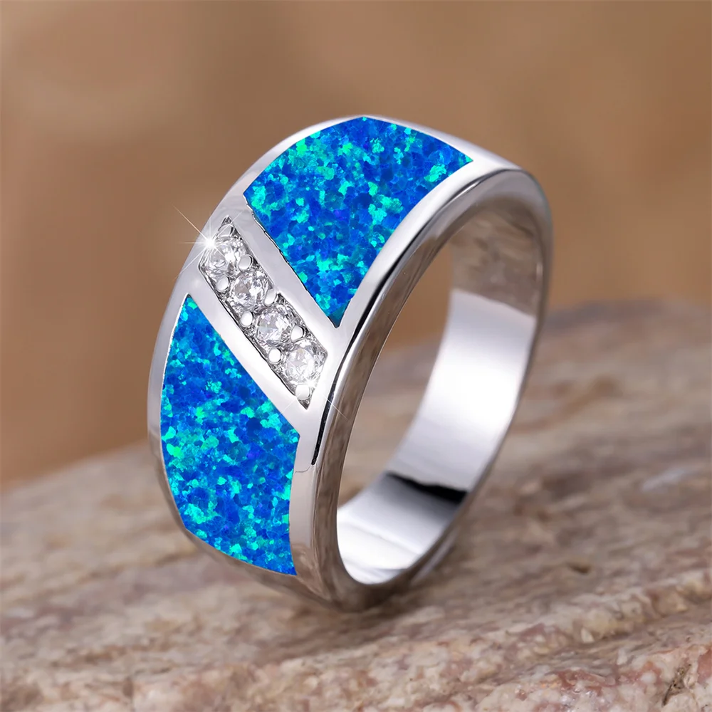 Luxury Crystal Small Stone Blue Opal Rings For Women Vintage Fashion Silver Color Wedding Band Engagement Jewelry Birthday Gifts