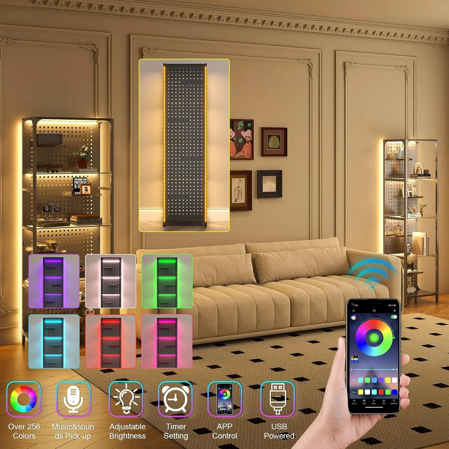 LED Black Curio Cabinet, Lighted Tall Narrow Pegboard Steel Frame for Gaming Room, Floor Lamp With Shelf, Living Room