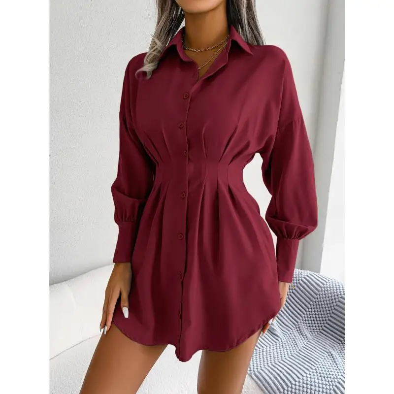 Women's Fashion Lantern Sleeve Waist Long Shirts Spring Summer Lady Office Lapel Button Long Sleeve Solid Color Shirt Mini Dress 6