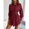 Women's Fashion Lantern Sleeve Waist Long Shirts Spring Summer Lady Office Lapel Button Long Sleeve Solid Color Shirt Mini Dress 6