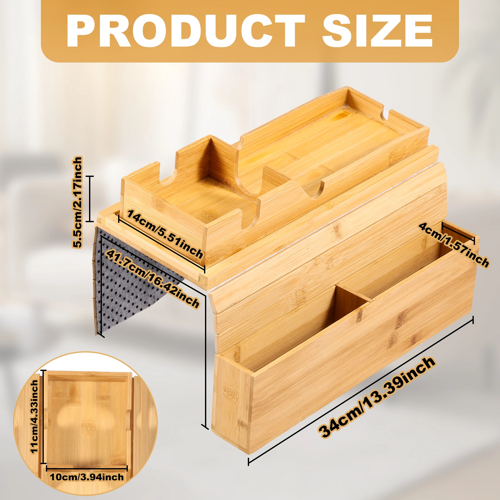 Bamboo Couch Cup Holder with Side Storage Pocket Anti-Slip Bamboo Sofa Armrest Tray Foldable Sofa Cup Holder for Cup Snack Drink 2