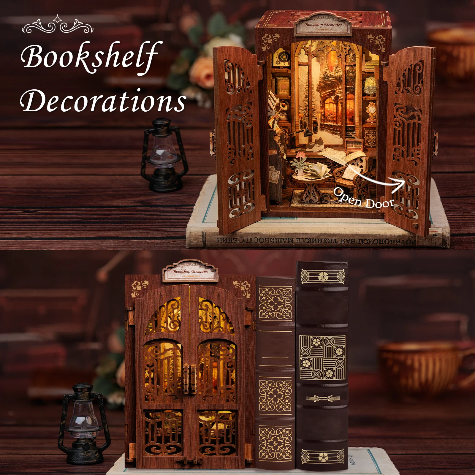 CUTEBEE DIY Book Nook Kit Miniature Wooden Dollhouse with Light Bookshelf Insert Decoration Bookshop Memories Model for Gifts 3