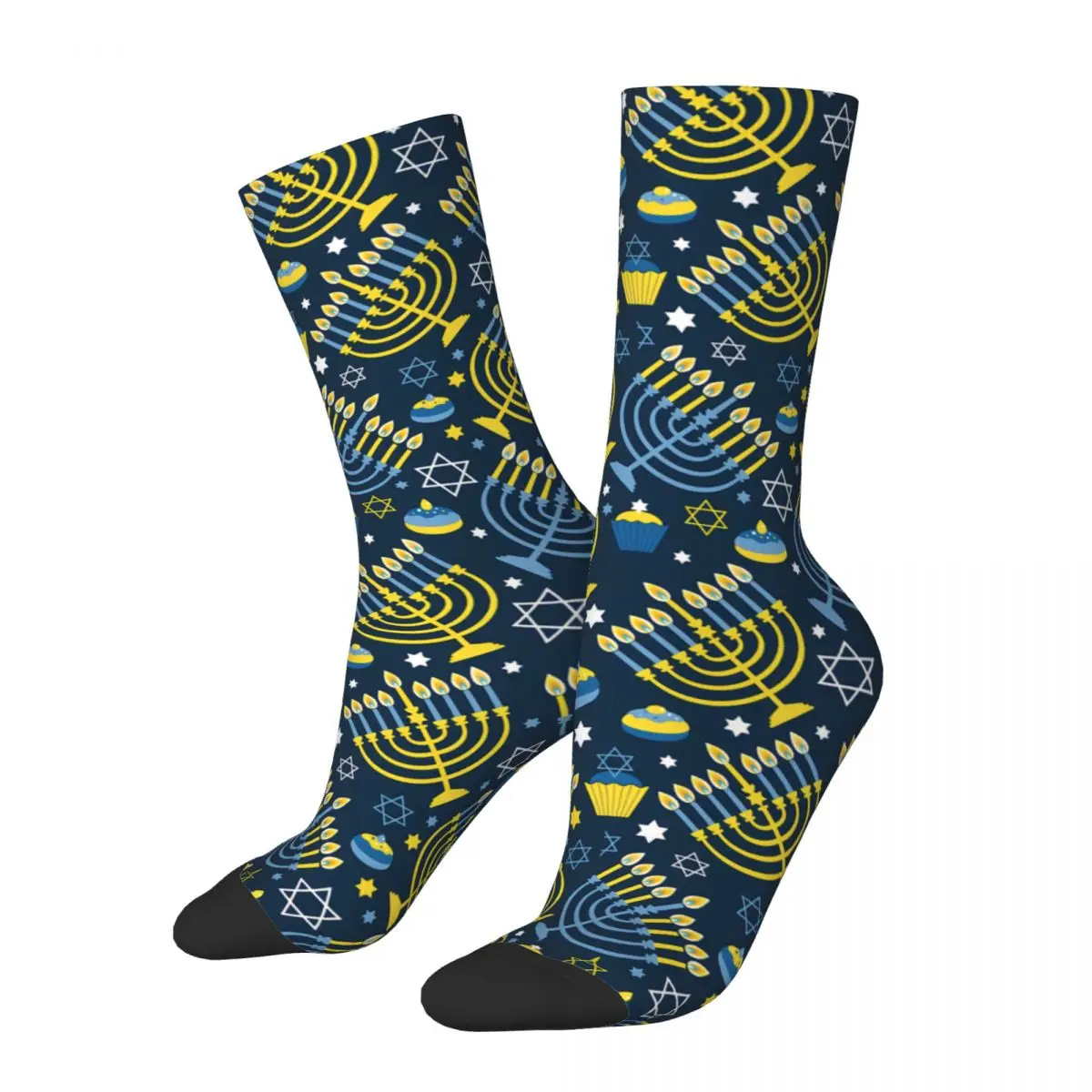 

Retro Happy Hanukkah With Menorah David Star Men's Socks Hanukkah Menorah Pattern Unisex Harajuku Printed Crew Sock Gift