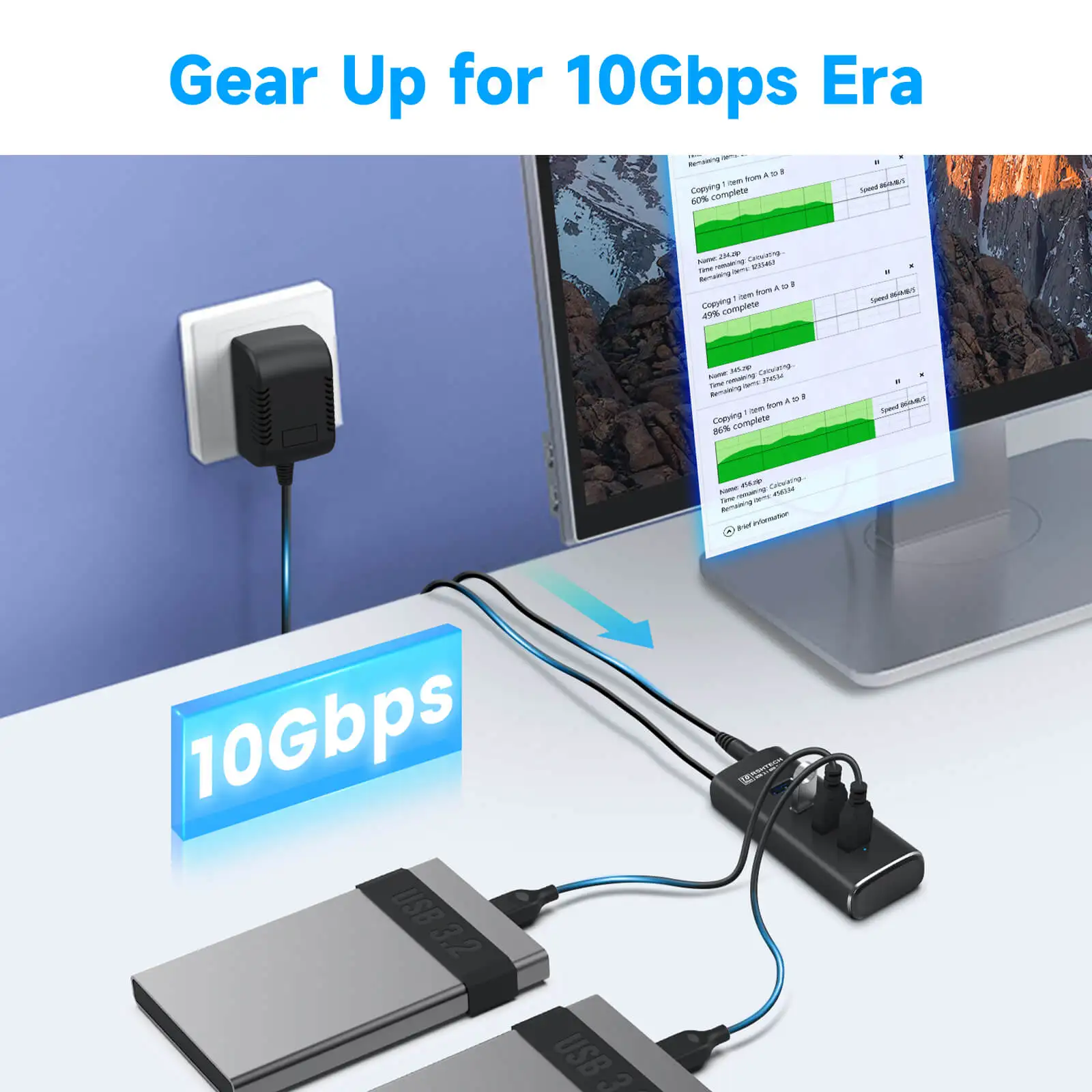 RSHTECH USB Hub 4 Ports 10Gbps Superspeed Data Transfer Extender with Individual Switches USB Splitter for Laptop PC Computers 4