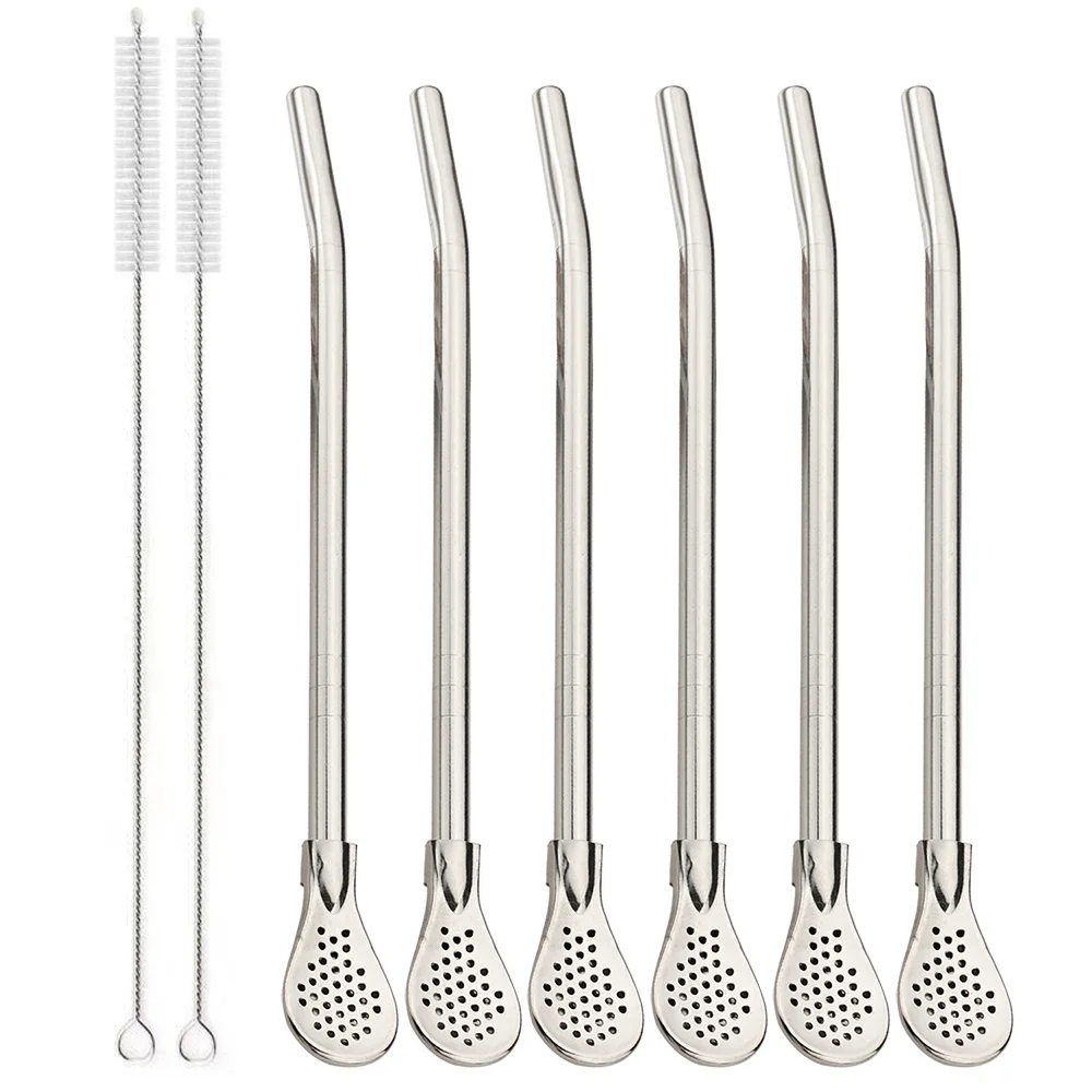 Eco-Friendly Stainless Steel Tea and Coffee Straws with Built-in Filter Spoon - Reusable and Washable Bar Accessories Set